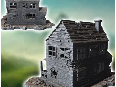 Abandoned wooden house with broken windows collapsed walls and s 3D print model