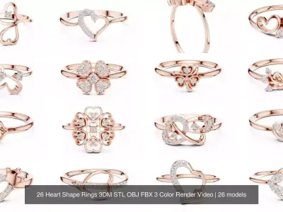 26 Heart Shape Rings 3DM STL OBJ FBX 3 Color Render Video 3D Model Pack
