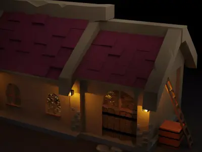 low poly house with lights on roof Low-poly 3D model