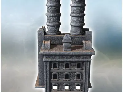 Destroyed modern factory with double chimneys and two storeys 3  3D print model