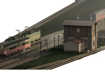 TRAIN DEPOT WITH BRIDGE AND TRAINS 3D model