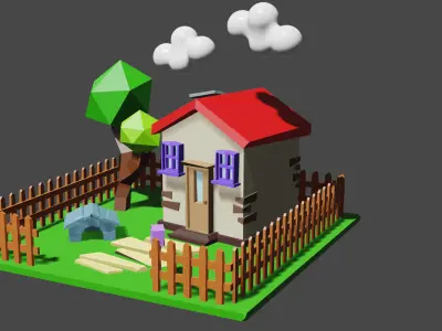 House with trees and fence Low-poly 3D model