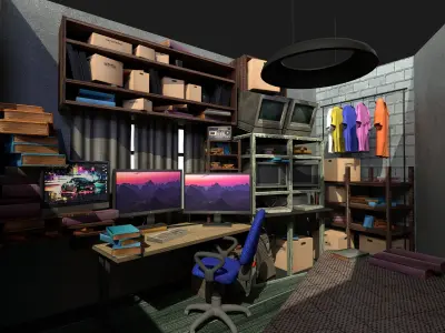 Stylised Hacker computer bedroom UE5 Low-poly 3D model