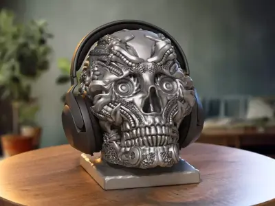 Robot Skull Headphone Stand Cyborg Headset Stand 3D print model 2