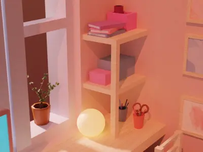 Low-poly bedroom room with bed and desk Low-poly 3D model