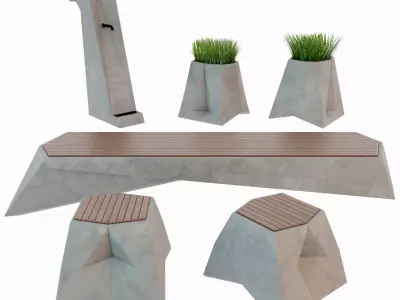 Exterior set 1 two stools made of marble and wood 3D model