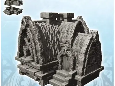 Medieval thatched house with raised door and access stairs 5 - M 3D print model