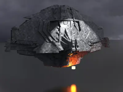 Sci-Fi Stealth Ship crashed Base City Floating 3D model