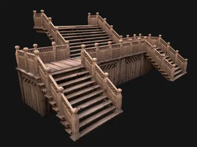 Medieval Wooden Steps Flight of Stairs Low-poly 3D model