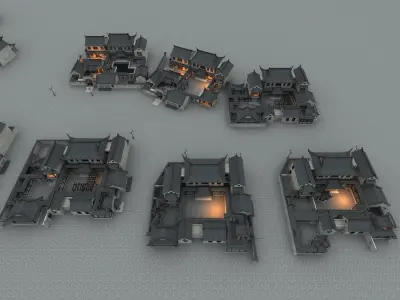 Asia Ancient buildings courtyard Low-poly 3D model