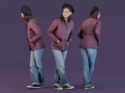 Street Sentinel - Stylish Woman in Quilted Jacket and Beret 3D model