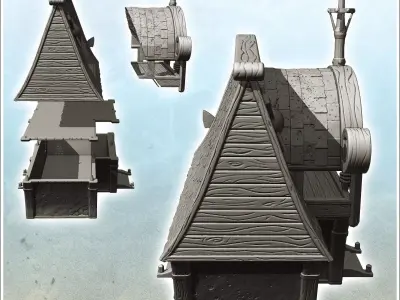 Hull-shaped pirate building with large decorative anchor mast 3  3D print model