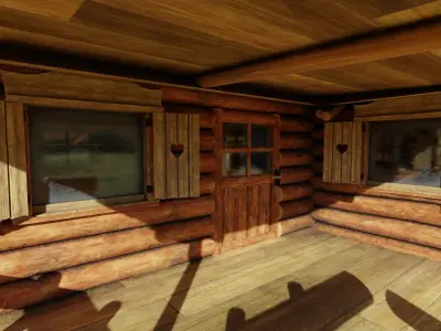 Medium Log Cabin with Interior Fireplace Doors and Windows Low-poly 3D model