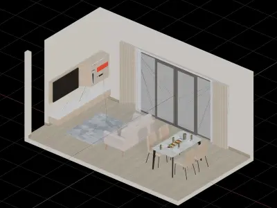 Isometric Dining Living Room Wood Theme 3D model