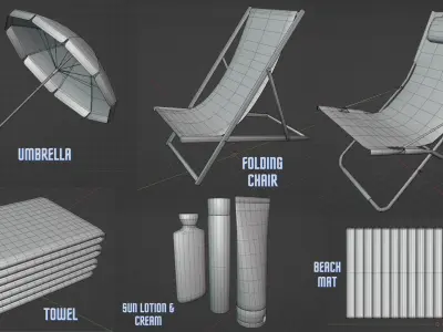 Beach Pack - Folding Chair Umbrella Towel Mat and Sunscreens Low-poly 3D model
