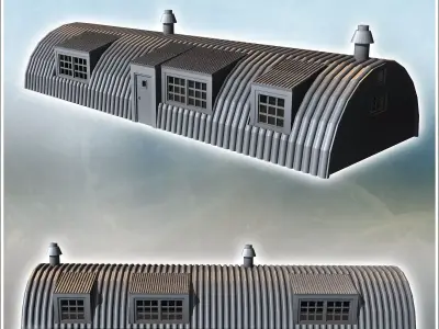 Long corrugated metal building with multiple windows and chimney 3D print model