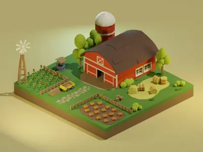 Farm For mobile game Low-poly 3D model