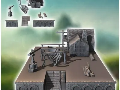 Medieval shipbuilding workshop with wooden boat parts under cons 3D print model