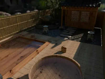 Open-air bath of Japanese cypress 3D model