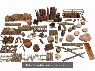 Combination of log stakes and wooden boards 3D Model Pack