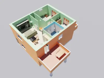Complete house with furniture Low-poly 3D model