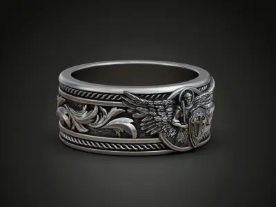 Saint Archangel Michael Baroque Band Ring Detailed Original 3D print model