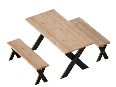 Wooden picnic table with benches 3D model
