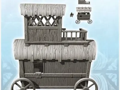 Merchant caravan on wooden wheels with terrace 1 - Medieval Goth 3D print model