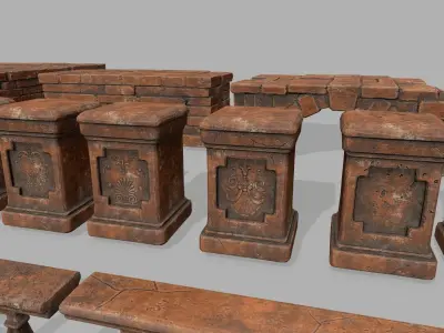 ruin set brick bridge with stairs Low-poly 3D model