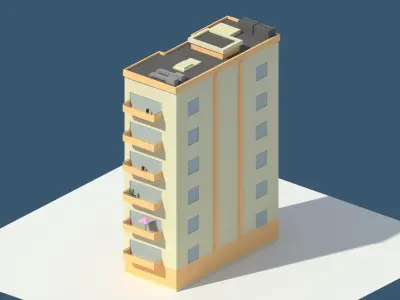 Low Poly Aparment 2 tall building with balconies Low-poly 3D model