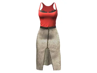 Red Strap Top And Front Slit A-Line Skirt Outfit Low-poly 3D model