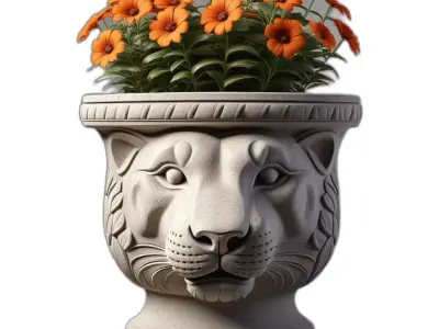 Lion Head Planter with Orange Flowers Low-poly 3D model