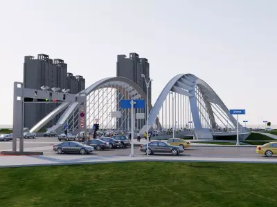 Modern urban steel arch bridges  highway and pedestrian bridges Low-poly 3D model