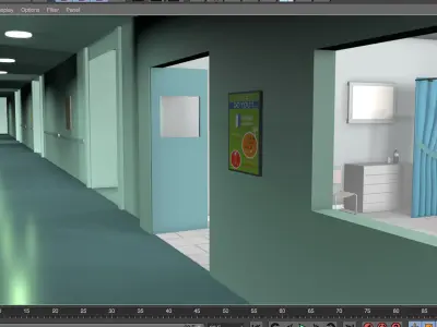 Hospital ward scene and corridor 3D model