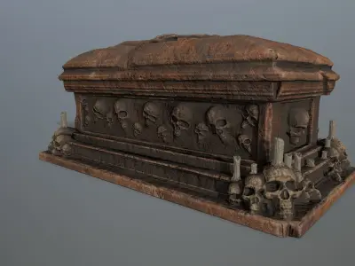 tomb 1 wooden casket with skulls on top Low-poly 3D model