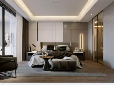 BEDROOM with modern furniture and lighting 3D model