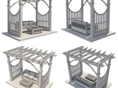 4 Pergolas Set 2 wooden pergola with arched roof Low-poly 3D model