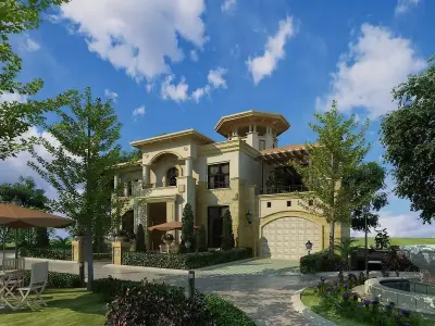 Villa Exterior with Patio and Greenery 3D model