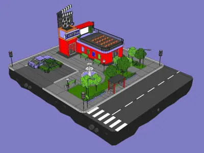 Cinema Block from Cartoon Low Poly City Low-poly 3D model