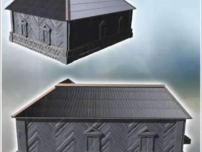 Large wooden building with a stone foundation steps leading to t 3D print model