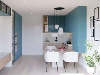 U-Shape modern mini kitchen in blue and walnut 3D model 3D model