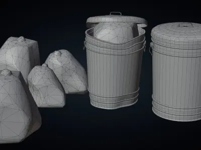 Metal Trash Can and Bags - Game Ready Low-poly 3D model