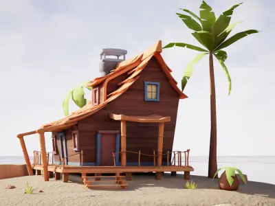 Beach House and Hut Low-poly 3D model