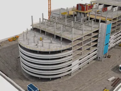 Construction Site with Building and Construction Vehicles low Low-poly 3D model