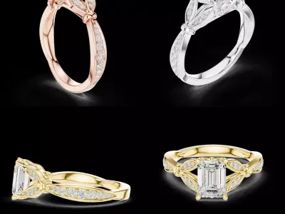 Vintage Emerald Cut Leaf Diamond Ring 3D print model