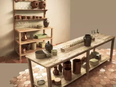 Vintage Kitchen Table and Shelf Set 3D model