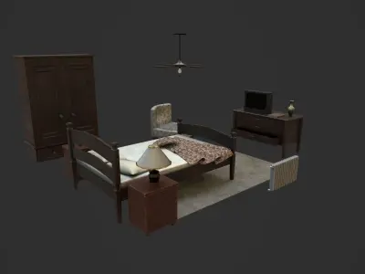Old Bedroom furniture Low-poly 3D model