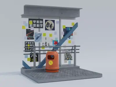 Hong Kong Culture series - Lennon Wall with rubbish bin 3D model