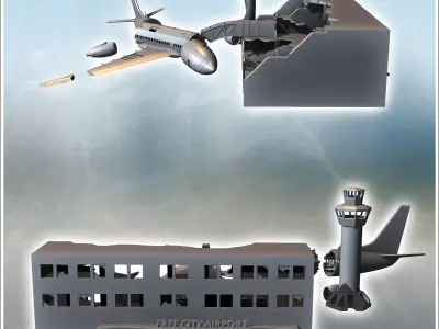 Destroyed modern airport with control tower and plane wreckage 1 3D print model
