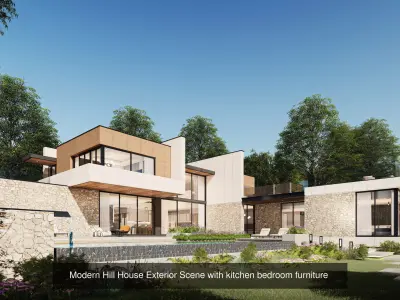 Mordern Hill House Exterior and Interior Scene with 2D Drawing 3D Model Pack